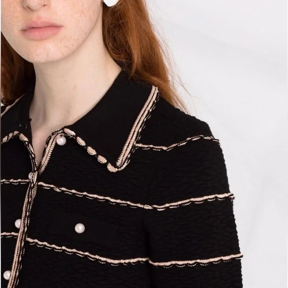 NWT Sandro Black Tweed Two-Piece Jacket & Skirt Set with Cream Trim - Picture 8 of 10